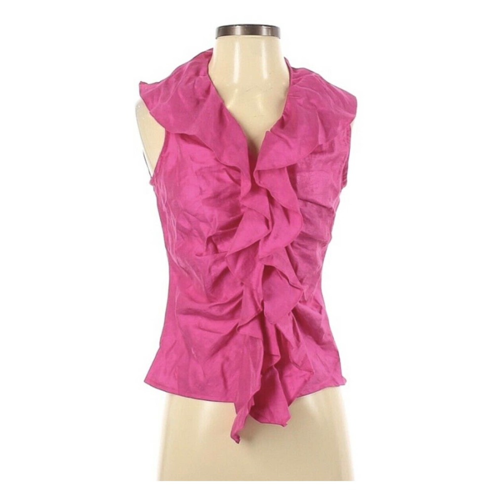 FARINAZ TAGHAVI Pink Linen Blend Ruffle Front Sleeveless Shirt Size 2